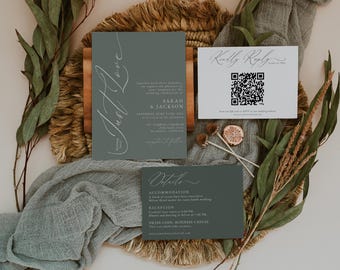 Sage Green Nothing Fancy Just Love Invitation Template Suite with QR Code RSVP, Boho Spring Wedding Invite, Canva Template | Sloane