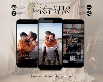 Photo Wedding Video Invitation Template with QR Code, Animated Editable Wedding Invite with RSVP, Electronic Wedding Evite, Canva | Sloane