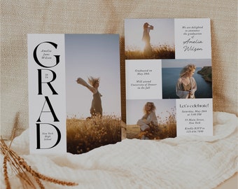 Minimalist Photo Graduation Announcement Card, Canva Photoshop Template, High School Grad Editable Invitation