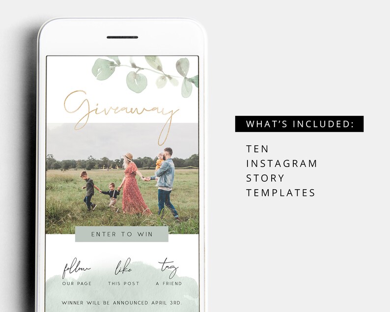 May include: A phone screen displaying a giveaway announcement with a photo of a family in a field. The text reads "Giveaway", "Enter to win", "Follow our page", "Like this post", "Tag a friend", and "Winner will be announced April 3rd".