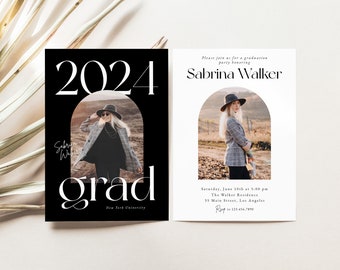 Black & White Modern Arch Graduation Announcement Card, Grad Party Invite Editable Template