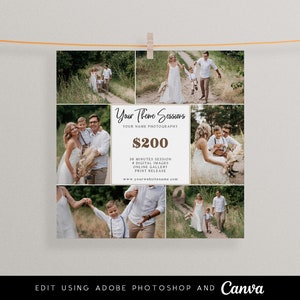 May include: A collage of photos showcasing family portraits in a natural outdoor setting. The text overlay reads "Your Theme Sessions", "Your Name Photography", "$200", "30 Minutes Session & Digital Images", "Online Gallery", "Print Release", and "www.yourwebsitename.com".