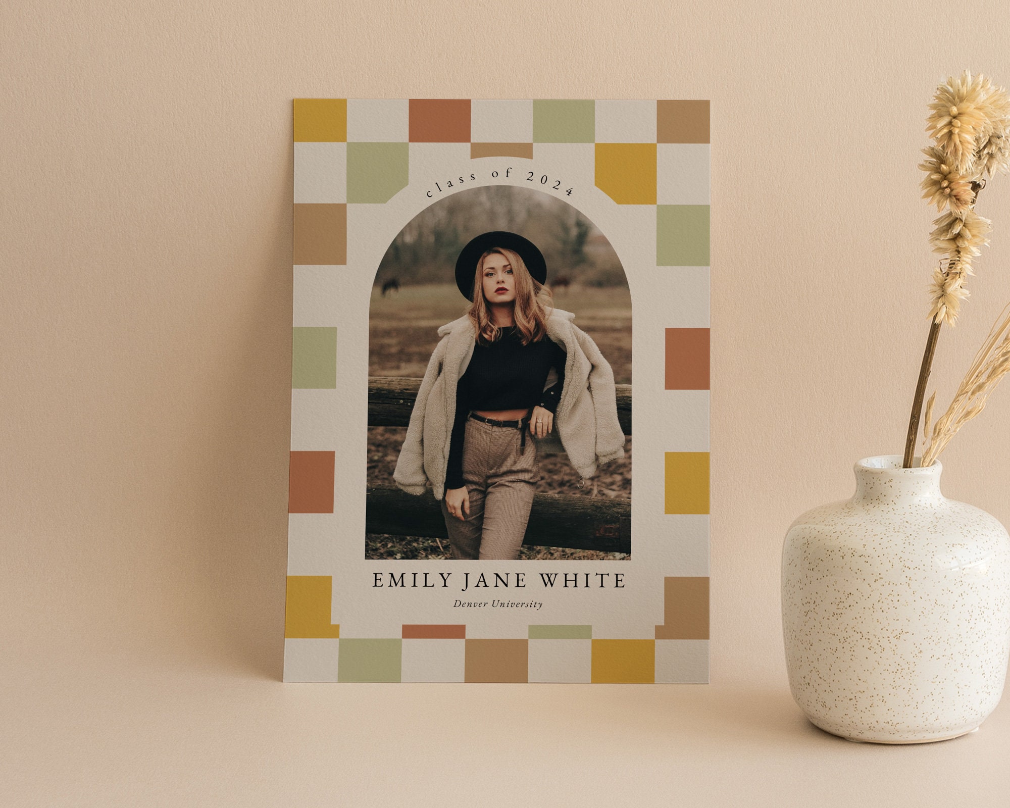 Retro Checkered Graduation Invitation Template, Boho Graduation Announcement Card, Arch Photo  Grad Party Invite, Photoshop, Canva | Levi