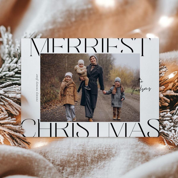 Merriest Christmas Card Template, Minimalist Christmas Card, Modern Holiday Photo Card, Editable Christmas Card, Photoshop and Canva | Leo