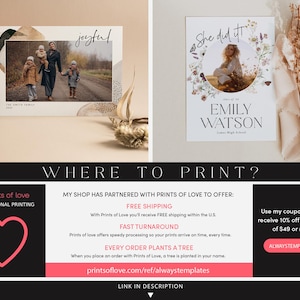 May include: A digital design for a graduation announcement card with a watercolor floral wreath and the text "She did it!" and "Emily Watson" in black text. The card is designed for printing with Prints of Love.
