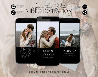 Puede incluir: Una maqueta de pantalla de teléfono móvil en blanco y negro con una invitación de vídeo para guardar la fecha. La invitación presenta a una pareja en una playa con el texto "Save the Date" y "¡Jason y Eliza se casan!" La fecha es el 05.05.25 y el lugar es San Diego, California.