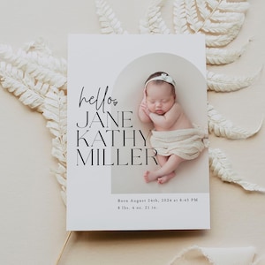 Plantilla de anuncio de nacimiento de Arch Baby, tarjeta de nacimiento con foto imprimible, anuncio de nacimiento con imágenes, Canva, Photoshop / Leo