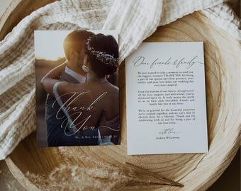 Plantilla de tarjeta de agradecimiento para boda bohemia, tarjeta de agradecimiento con foto minimalista, Photoshop, Canva / Sloane