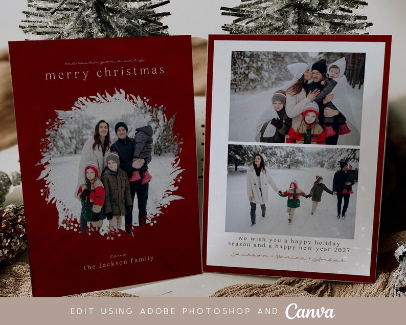 May include: Two rectangular holiday greeting cards with a deep red background. The left card features a white wreath graphic framing a family photo and the text merry christmas and the Jackson family. The right card displays two photos and the text we wish you a happy holiday season and a happy new year 2027 with the names Jackson, Monica, and Amea.