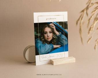 Plantilla de anuncio de graduación dorada para Photoshop y Canva, invitación minimalista para fiesta de graduación