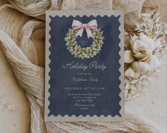 Wreath Coquette Bow Christmas Party Invitation Template, Editable Blue Wavy Xmas Dinner Invite, Printable DIY Holiday Party Evite for Canva