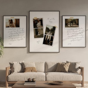 May include: Three framed wedding photo prints with black frames hang above a light-colored sofa. Each print features a photo with handwritten text. The center print has multiple photos and the text "Me and Mrs. Thompson."