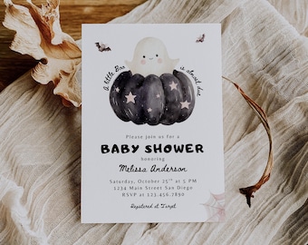 A Little Boo is Almost Due Halloween Baby Shower Invitation for Canva, Editable Printable Ghost Pumkpin Party Invite