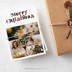 Retro Photo Christmas Card Template, Boho Holiday Photo Card Template, Photoshop, Canva