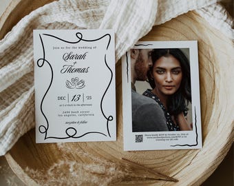Wavy Hand Drawn Whimsical Wedding Invitation Template with QR Code, Elegant Old Money Photo Wedding Invite for Canva | Cosette