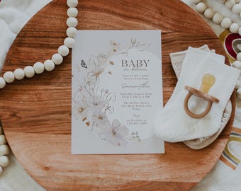 Baby In Bloom Baby Shower Invitation for Canva, Editable Printable Wildflower Party Invite