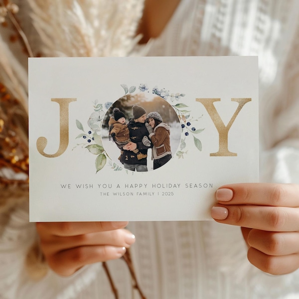 Watercolor Joy Photo Christmas Card Template, Botanical Family Holiday Card, Editable Photoshop and Canva 5x7 Template | Elsa