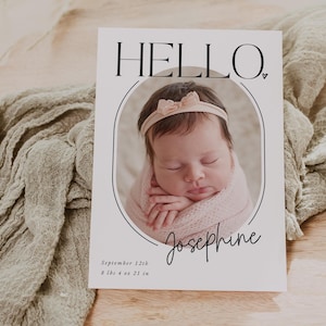 Minimalist Baby Birth Announcement Card Template, Printable Photo Birth Card, Birth Announcement With Pictures, Canva, Photoshop | Leo