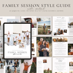 May include: A digital guide for family photography sessions with 20 pages and two sizes: US letter (8.5 x 11 inches) and A4 (210 x 297 mm). The guide includes a welcome page, mood board, tips for your photoshoot, frequently asked questions, and a client welcome page.