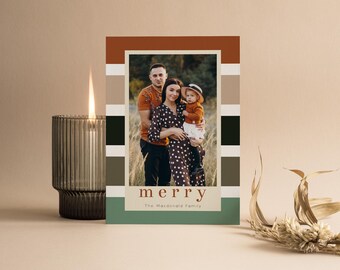 Stripes Christmas Photo Card Template, Retro Christmas Card Template, Photo Holiday Card Template, Family Photo Card Template - CC094