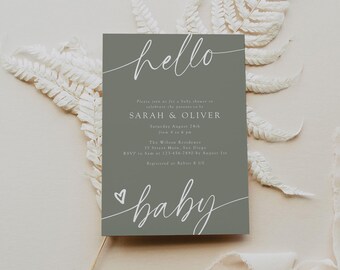 Sage Green Minimalist Baby Shower Invitation for Canva, Editable Printable Modern Script Party Invite