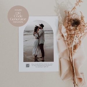 May include: A white wedding invitation with a photo of a couple on a beach. The invitation includes a QR code and the text "Please kindly RSVP by October 1st, 2023 at www.arabundacion.com/RSVP or by scanning our QR code."