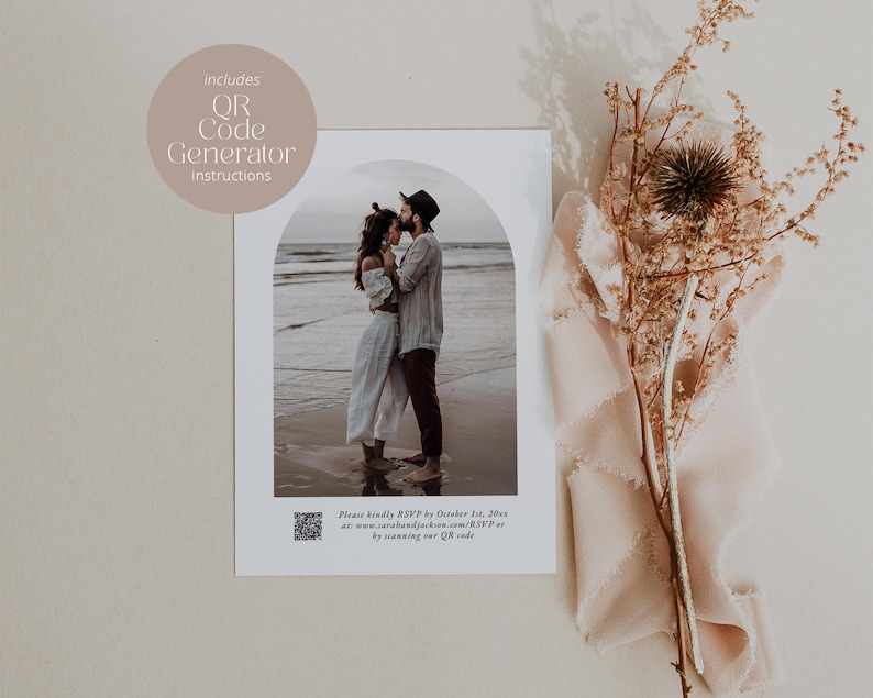 May include: A white wedding invitation with a photo of a couple on a beach. The invitation includes a QR code and the text "Please kindly RSVP by October 1st, 2023 at www.arabundacion.com/RSVP or by scanning our QR code."