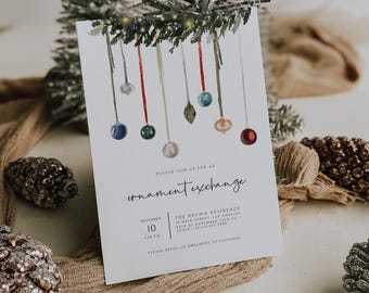 Plantilla de invitación para fiesta de intercambio de adornos, invitación editable para cena de Navidad, invitación imprimible para fiestas navideñas DIY para Canva