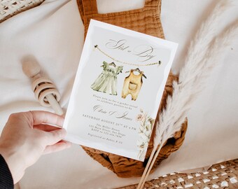 Boho Clothesline Gender Reveal Invitation for Canva, Editable Printable Green Yellow Clothes Baby Shower Party Invite