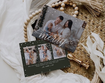 Merry Little Christmas Card Template, Modern Minimalist Photo Holiday Card, Photoshop and Canva Template