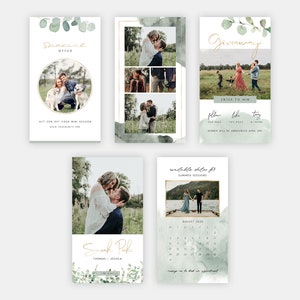 May include: Five Instagram story templates with a green watercolor background and gold text. The templates feature a special offer, a giveaway, a sneak peek, and available dates for summer sessions.