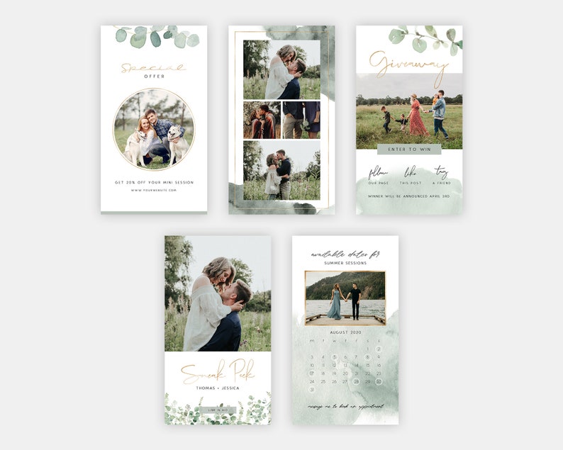 May include: Five Instagram story templates with a green watercolor background and gold text. The templates feature a special offer, a giveaway, a sneak peek, and available dates for summer sessions.