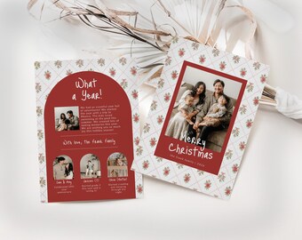 Grandmillennial Christmas Card Template for Photoshop & Canva, Greenery Bow Year In Review Photo Holiday Card