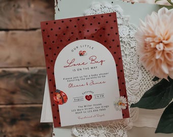 Love Bug Baby Shower Invitation for Canva, Printable Watercolor Our Little Lovebug Is On The Way Party Invite