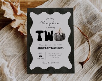 Our Little Pumpkin 2nd Birthday Invitation Canva Template, Halloween Black Pink Turning Two Invite, Fall Wavy Second Bday Evite