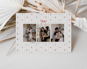 Grandmillennial Christmas Card Template for Photoshop & Canva, Red Bow Multi Photo Holiday Card