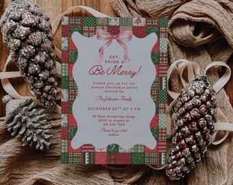 Watercolor Preppy Christmas Party Invitation Template, Editable Scrapbook Paper Xmas Dinner Invite, Printable Holiday Party Evite for Canva