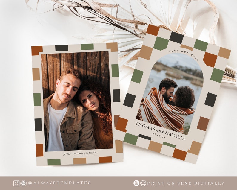 Retro Save the Date Template, Checkered Wedding Save Our Date, Boho Save the Date Card, Levi image 8