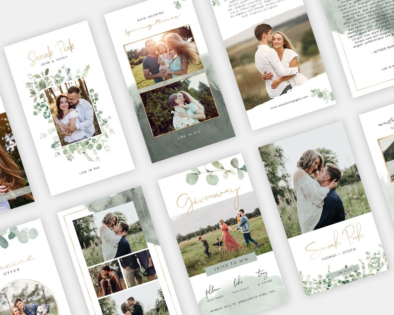 May include: A collage of images featuring couples in a variety of poses, with a green and white watercolor background. The text "Sneak Peek" is written in gold script at the top of the image. The text "Giveaway" is written in gold script on a separate image. The text "Enter to Win" is written in black text on a green background. The text "Follow our page, like this post, tag a friend" is written in black text on a green background. The text "Winner will be announced April 3rd" is written in black text on a green background.