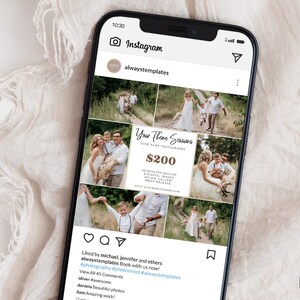 May include: A phone screen displaying an Instagram post for a photography business. The post features a collage of photos of families and couples, along with text that says "Your Theme Sessions" and "$200". The text also includes details about the session, such as the length of time and what is included. The post is liked by several people and has 45 comments.