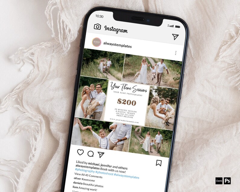 May include: A phone screen displaying an Instagram post for a photography business. The post features a collage of photos of families and couples, along with text that says "Your Theme Sessions" and "$200". The text also includes details about the session, such as the length of time and what is included. The post is liked by several people and has 45 comments.