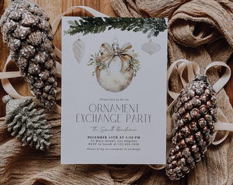 Plantilla de invitación para fiesta de intercambio de adornos, invitación editable para cena de Navidad, invitación imprimible para fiestas navideñas para Canva / Koa