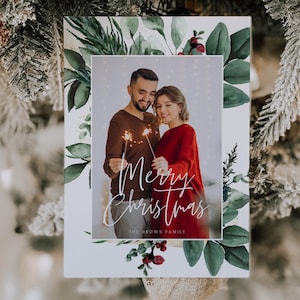 Watercolor Greenery Photo Christmas Card Template, Holiday Card Template for Photoshop and Canva