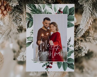 Watercolor Greenery Photo Christmas Card Template, Holiday Card Template for Photoshop and Canva
