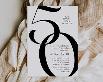 Shh It's a Surprise 50th Birthday Invitation Template, Any Age Adult Birthday Invite, Minimalist Modern 50 Bday Party Evite for Canva