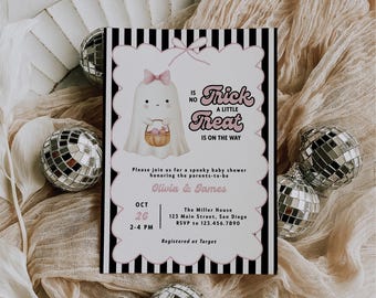 No Trick a Little Treat on the Way Halloween Baby Shower Invitation for Canva, Editable Printable Stripes Party Invite