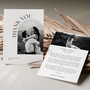 Modèle de carte de remerciement de mariage minimaliste, note de remerciement photo en arche moderne