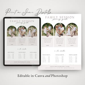 Photography Pricing Guide Template, Photography Price List, Photography Investment, Family Session Price Sheet, Photoshop Canva, PG025