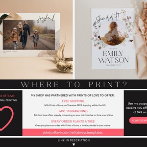 May include: Two rectangular paper cards featuring custom photo designs. The left card displays a family photo with the text joyful and The Smith Family 2021. The right card shows a portrait inside a floral wreath with the text She did it and Emily Watson.