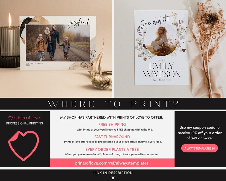 May include: Two rectangular paper cards featuring custom photo designs. The left card displays a family photo with the text joyful and The Smith Family 2021. The right card shows a portrait inside a floral wreath with the text She did it and Emily Watson.